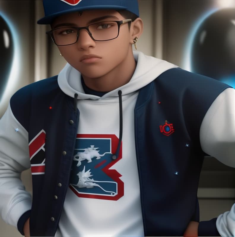 A 17-year old male hip hop musician with golden tan skin, short dark blue hair, blue eyes, and glasses wearing a white sweatshirt, a blue, red, white, and black varsity jacket, jeans with a belt, boots, and a snapback hat standing with hands on his hips with a serious expression inside an alien spaceship., ((best quality)), ((masterpiece)), highly detailed, absurdres, HDR 4K, 8K