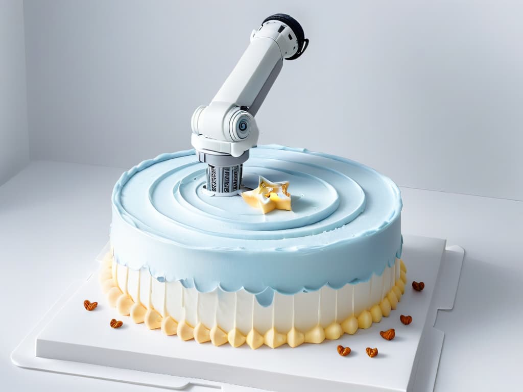  An ultradetailed 8k image of a sleek, futuristic robotic arm delicately piping intricate designs onto a perfectly frosted cake. The background is a clean, white workspace with subtle lighting that highlights the precision and efficiency of the robotic technology in the production of pastries. The image captures a moment of harmonious collaboration between advanced robotics and the artistry of pastry making, embodying the seamless integration of technology in the culinary world. hyperrealistic, full body, detailed clothing, highly detailed, cinematic lighting, stunningly beautiful, intricate, sharp focus, f/1. 8, 85mm, (centered image composition), (professionally color graded), ((bright soft diffused light)), volumetric fog, trending on instagram, trending on tumblr, HDR 4K, 8K