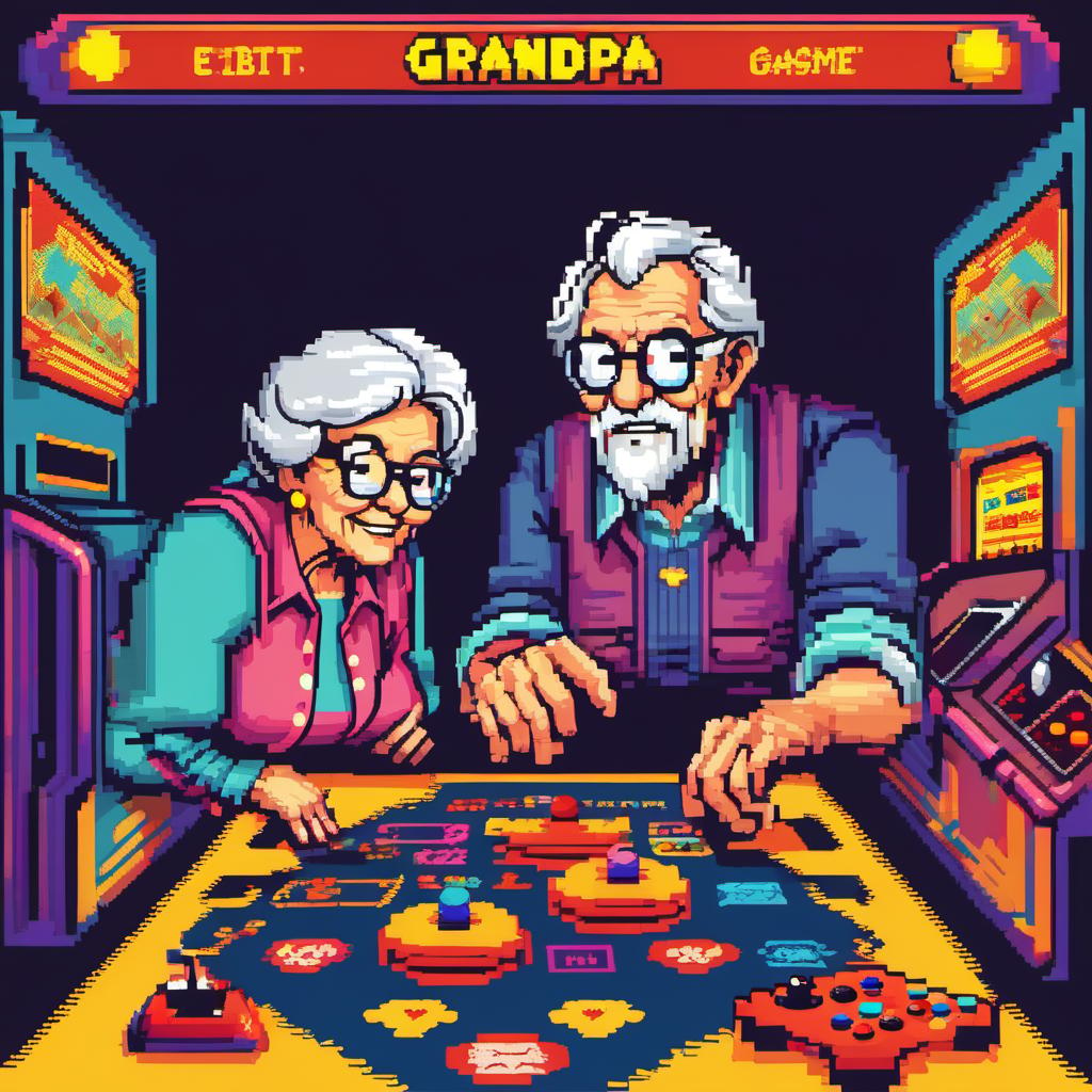  retro arcade style Grandpa and grandmother are playing games together at home  --e sdxlceshi . 8-bit, pixelated, vibrant, classic video game, old gaming, reminiscent of 80s and 90s arcade games