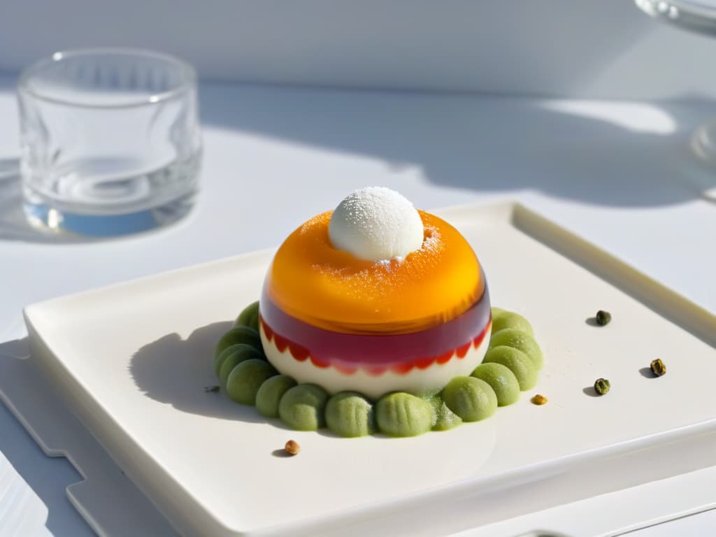  A closeup, ultradetailed image of a delicate, translucent sphere of molecular gastronomy dessert, showcasing intricate layers of vibrant colors and textures. The sphere sits elegantly on a pristine, white plate, with a subtle reflection adding depth to the composition. The lighting is soft and focused, emphasizing the intricate details and artistry of the dessert. hyperrealistic, full body, detailed clothing, highly detailed, cinematic lighting, stunningly beautiful, intricate, sharp focus, f/1. 8, 85mm, (centered image composition), (professionally color graded), ((bright soft diffused light)), volumetric fog, trending on instagram, trending on tumblr, HDR 4K, 8K