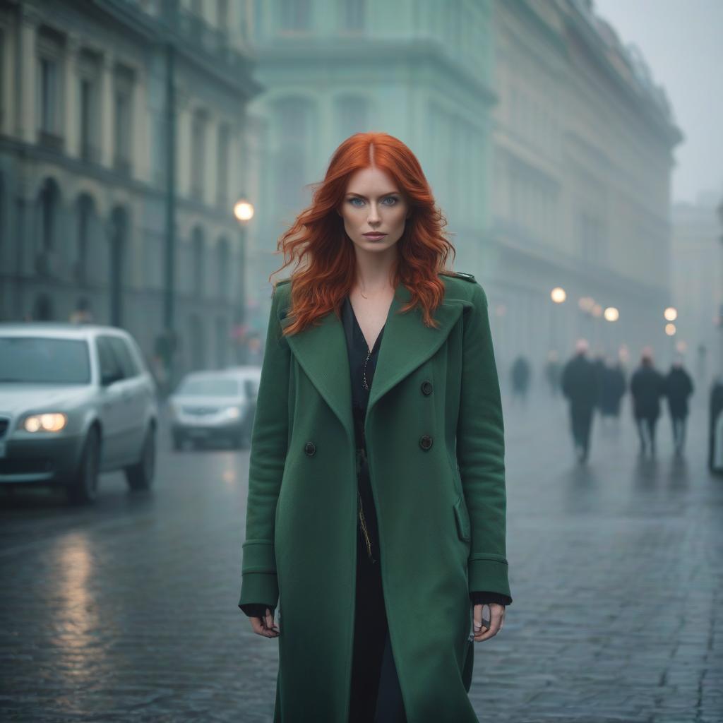  cinematic film still A red haired girl with green eyes walks through misty St. Petersburg as if merging with the great city. . shallow depth of field, vignette, highly detailed, high budget, bokeh, cinemascope, moody, epic, gorgeous, film grain, grainy hyperrealistic, full body, detailed clothing, highly detailed, cinematic lighting, stunningly beautiful, intricate, sharp focus, f/1. 8, 85mm, (centered image composition), (professionally color graded), ((bright soft diffused light)), volumetric fog, trending on instagram, trending on tumblr, HDR 4K, 8K