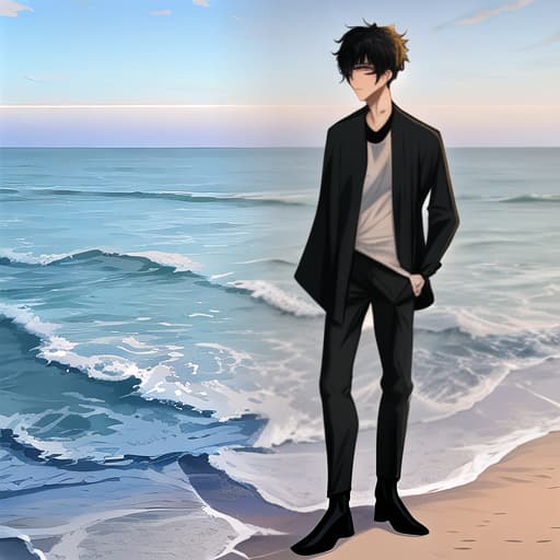  An anime boy with curly black hair and wearing a black work shirt and olive colored pants Seaside Serenity, Crystal Clear, Minimalist Marvels hyperrealistic, full body, detailed clothing, highly detailed, cinematic lighting, stunningly beautiful, intricate, sharp focus, f/1. 8, 85mm, (centered image composition), (professionally color graded), ((bright soft diffused light)), volumetric fog, trending on instagram, trending on tumblr, HDR 4K, 8K