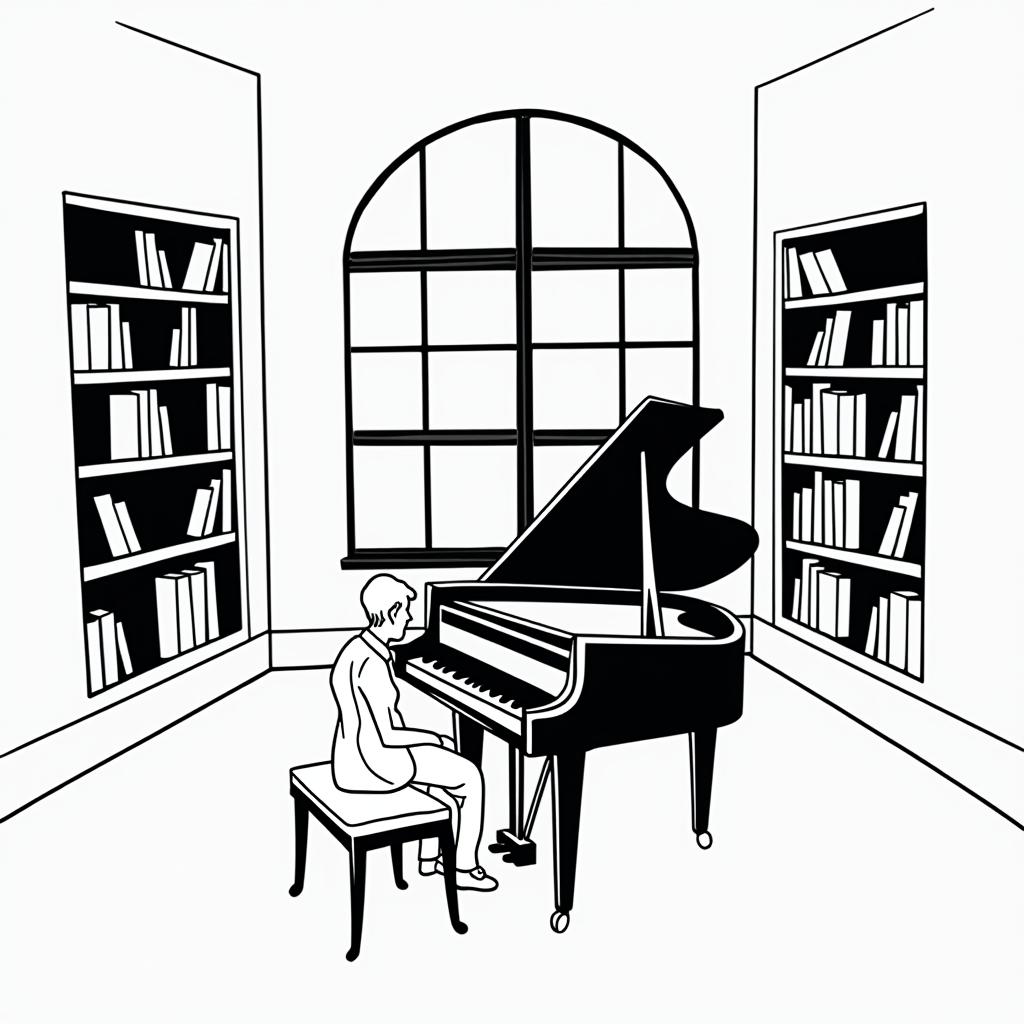  good quality, high quality, teacher sitting on the piano, student standing next to the teacher and reciting song standing by the piano, include both teacher and student in the frame