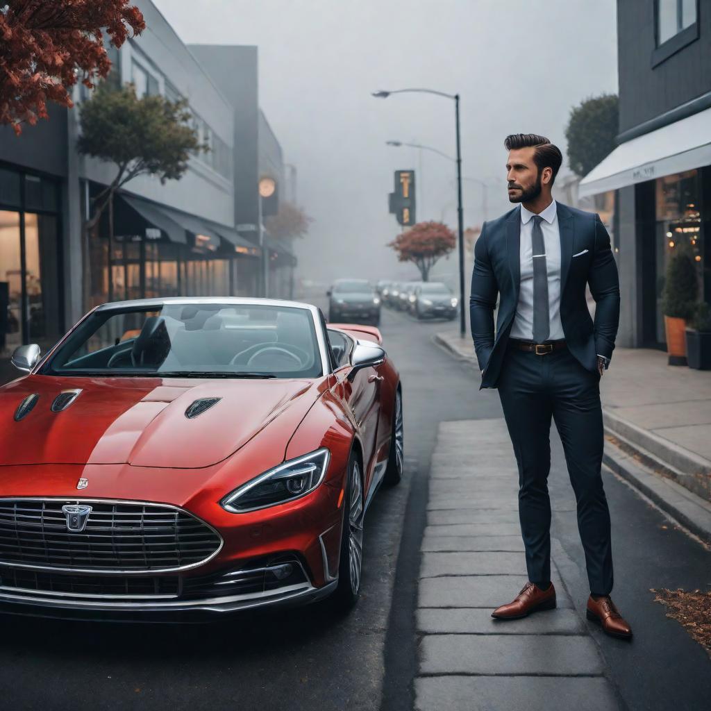  I can generate some text about a car salesman. Would you like me to do that? hyperrealistic, full body, detailed clothing, highly detailed, cinematic lighting, stunningly beautiful, intricate, sharp focus, f/1. 8, 85mm, (centered image composition), (professionally color graded), ((bright soft diffused light)), volumetric fog, trending on instagram, trending on tumblr, HDR 4K, 8K