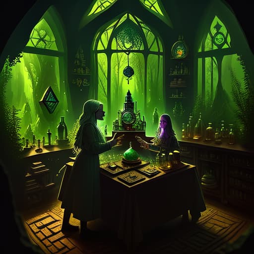 in OliDisco style in the alchemist's room. There is a spell book on the table. There are alchemical ingredients on the table. There is a forest outside the window. magical signs are circling over the book