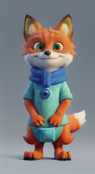  {Error the fox pressing the blue button with his paw, looking puzzled as nothing occurs., Error is a small, bright orange fox with a fluffy tail and big, inquisitive eyes. He has a mischievous yet kind expression and wears a tiny green scarf.