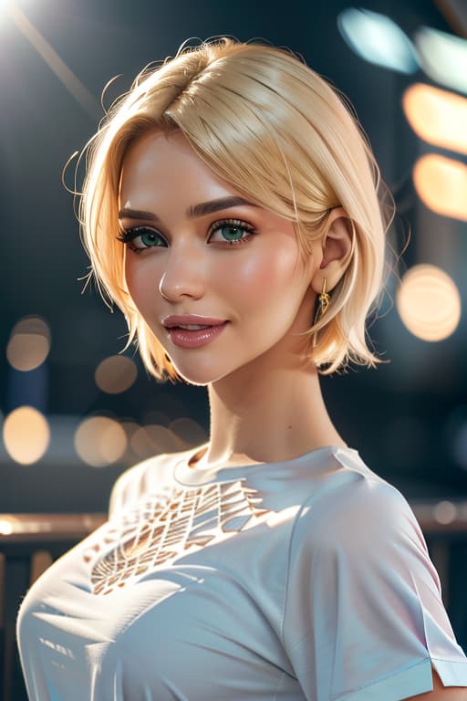  1girl,1girl,blonde short hair,straight hair,upper body shot,shirt,smile hyperrealistic, full body, detailed clothing, highly detailed, cinematic lighting, stunningly beautiful, intricate, sharp focus, f/1. 8, 85mm, (centered image composition), (professionally color graded), ((bright soft diffused light)), volumetric fog, trending on instagram, trending on tumblr, HDR 4K, 8K