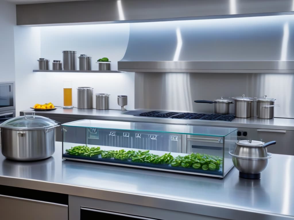  A highresolution image of a modern, sleek kitchen laboratory with stainless steel countertops, glass beakers, and intricate culinary tools neatly arranged. The setting exudes a futuristic and professional ambiance, highlighting the fusion of science and culinary arts in a visually striking and minimalist style. hyperrealistic, full body, detailed clothing, highly detailed, cinematic lighting, stunningly beautiful, intricate, sharp focus, f/1. 8, 85mm, (centered image composition), (professionally color graded), ((bright soft diffused light)), volumetric fog, trending on instagram, trending on tumblr, HDR 4K, 8K