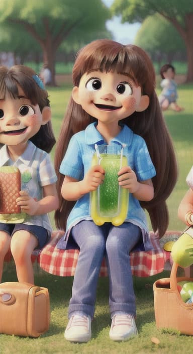  {Kids sitting around a picnic blanket, enjoying juice boxes and snacks., Children happily eating snacks, with crumbs on their faces and big smiles.