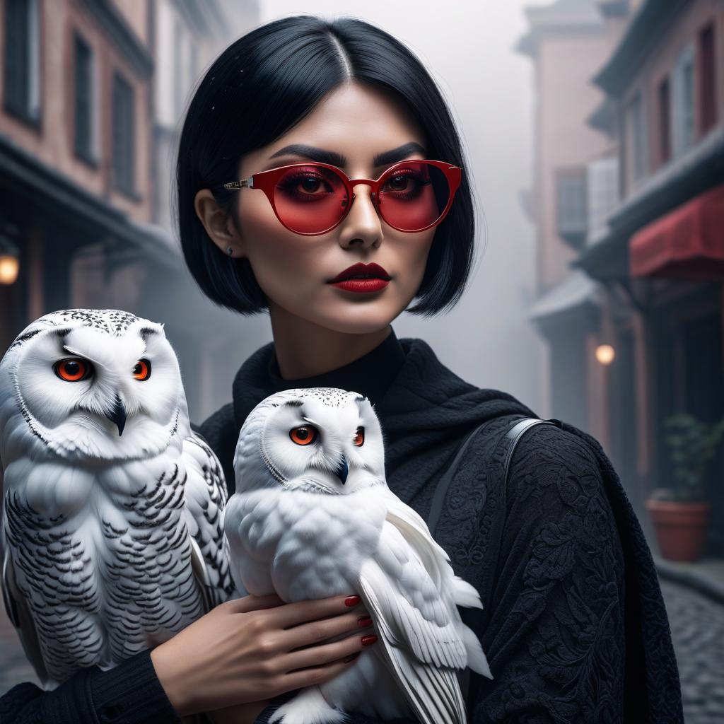  A girl with red glasses and short black hair is holding a white owl on her shoulders. hyperrealistic, full body, detailed clothing, highly detailed, cinematic lighting, stunningly beautiful, intricate, sharp focus, f/1. 8, 85mm, (centered image composition), (professionally color graded), ((bright soft diffused light)), volumetric fog, trending on instagram, trending on tumblr, HDR 4K, 8K