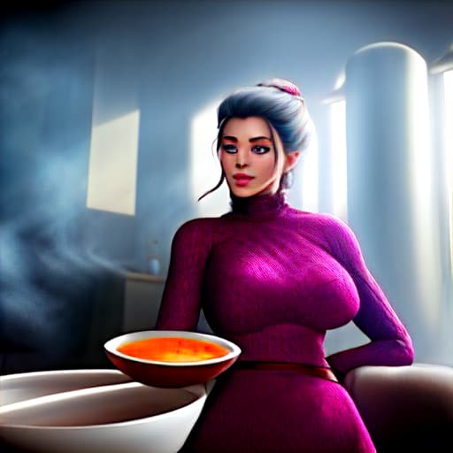  woman holding a bowl of soup hyperrealistic, full body, detailed clothing, highly detailed, cinematic lighting, stunningly beautiful, intricate, sharp focus, f/1. 8, 85mm, (centered image composition), (professionally color graded), ((bright soft diffused light)), volumetric fog, trending on instagram, trending on tumblr, HDR 4K, 8K