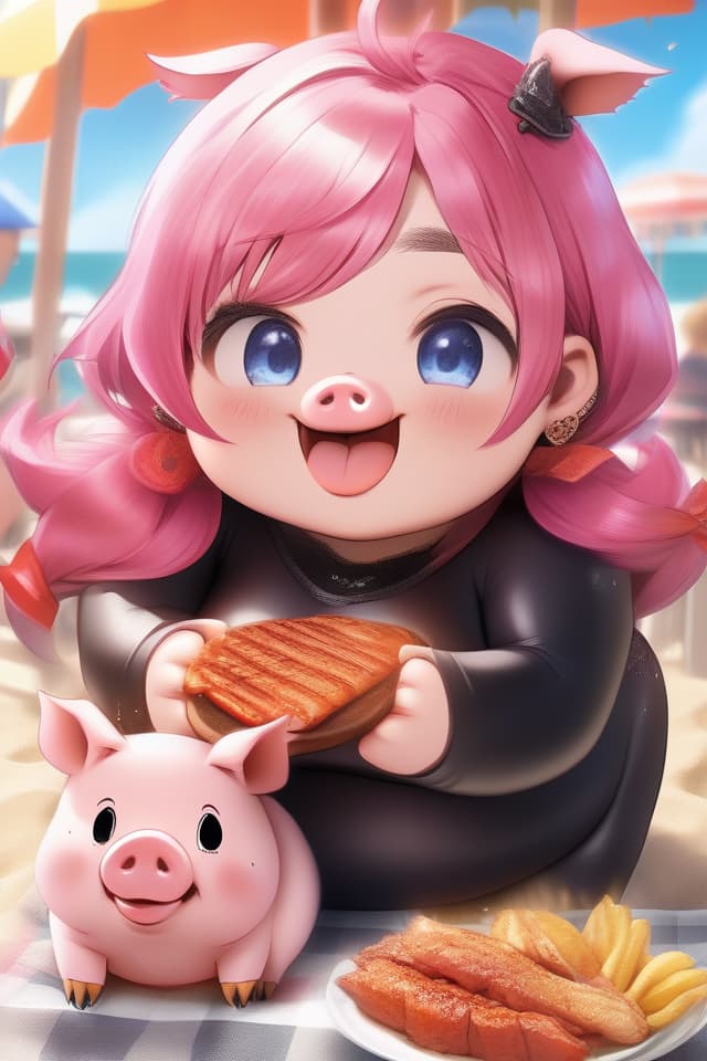  extremely obese girl、pink colored hair、((bright deep pink colored drooping pig's ears:1.4、ultra detailed plump & fat face sweaty smile:1.4、ultra detailed shiny black skin:1.4))、(((on the beach:1.4、barbecue:1.4)))、(、eating a lot of barbecue)、dutch angle、best quality:1.4、masterpiece:1.4、ultra detailed texture、RAW photorealistic、absurd resolution、8K illustration、💩、💩、💩、💩、💩