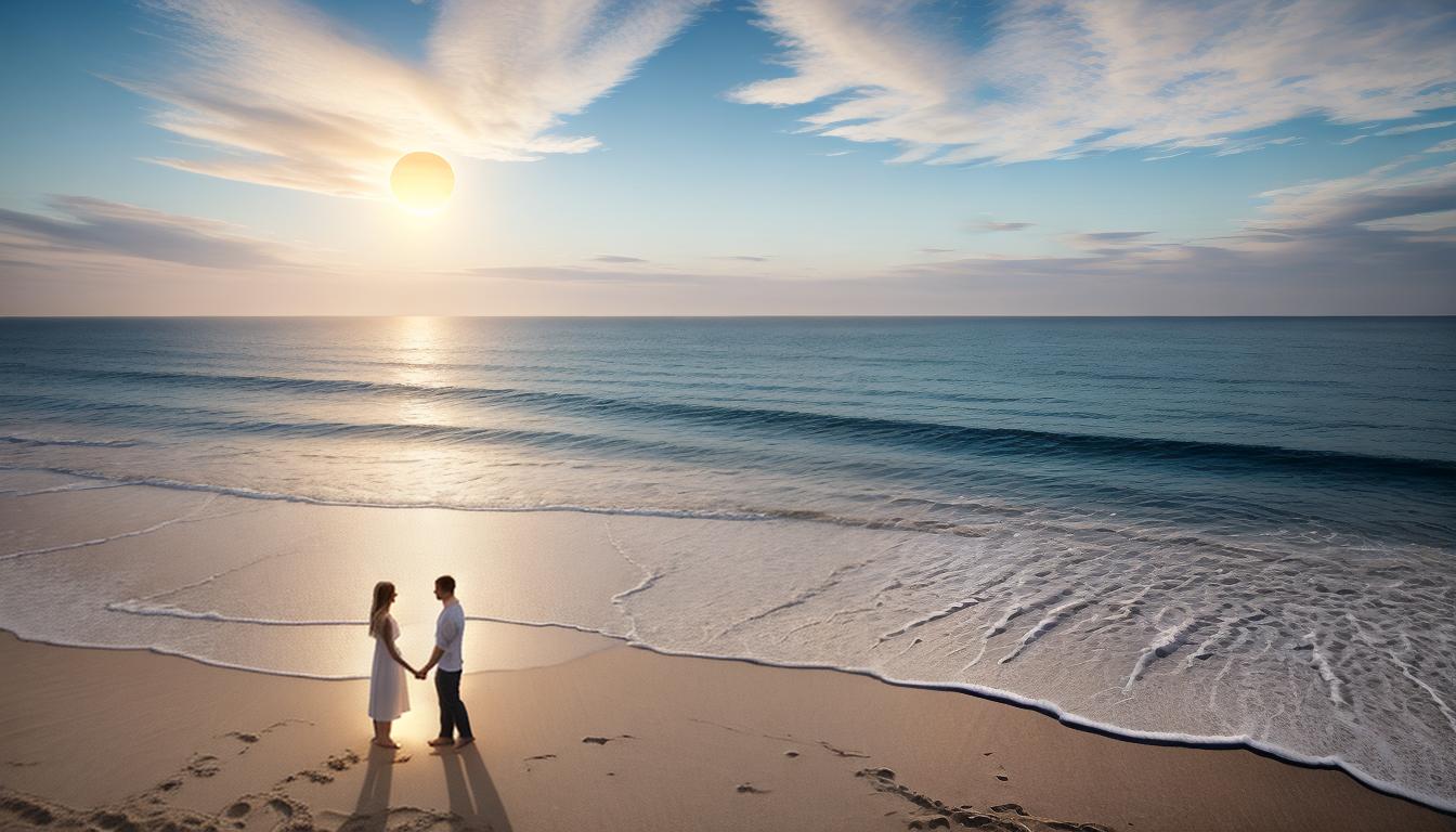  digital illustration, Two figures standing inside a large heart shape drawn in the sand, holding hands, serene beach setting, setting sun, aura of understanding and deep connection, looking at viewer, dynamic pose, (intricate details, masterpiece, best quality)