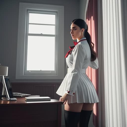  send image of (Kyli is dressed in a uniform - a pleated white just above her , matching oned all the way up with a red bow tie, and knee-high stockings. She wears black mary janes that complete her innocent yet alluring appearance.) The scene takes place in an empty clroom with chalk dust sprinkled on the floor, sunbeams filtering through the curtained windows. Ziad523 enters from behind Kyli as she sits at her desk facing forward; he creeps up behind her and presses his body against hers from behind while silently running his hand along her , making their presence known under the hem of her . hyperrealistic, full body, detailed clothing, highly detailed, cinematic lighting, stunningly beautiful, intricate, sharp focus, f/1. 8, 85mm, (centered image composition), (professionally color graded), ((bright soft diffused light)), volumetric fog, trending on instagram, trending on tumblr, HDR 4K, 8K