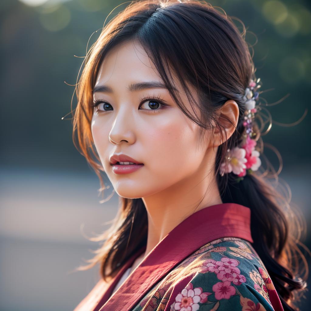  (masterpiece:1.3), (8k, photorealistic, photo, best quality: 1.4), (Japanese woman wearing clothes:),(realistic face), realistic eyes, (realistic skin), beautiful skin, kimono, (perfect body:1.3), (detailed body:1.2), hyperrealistic, full body, detailed clothing, highly detailed, cinematic lighting, stunningly beautiful, intricate, sharp focus, f/1. 8, 85mm, (centered image composition), (professionally color graded), ((bright soft diffused light)), volumetric fog, trending on instagram, trending on tumblr, HDR 4K, 8K