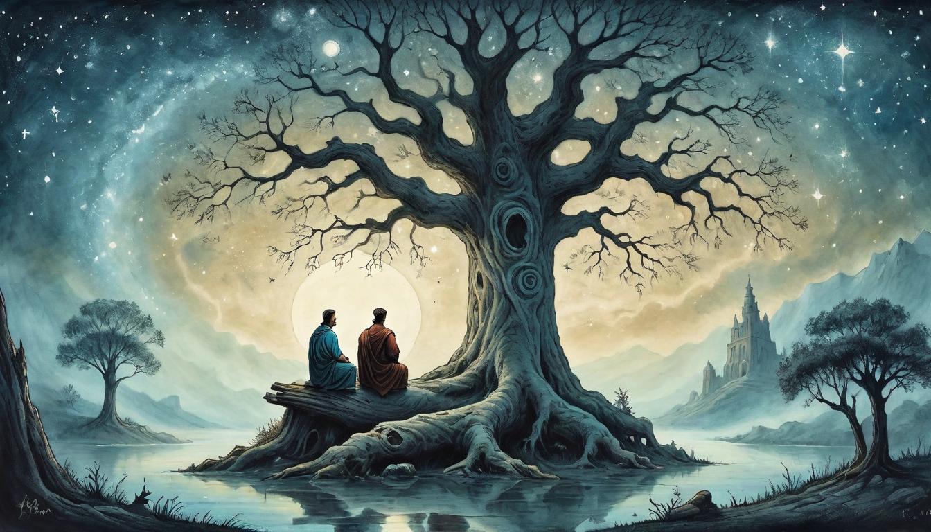  on parchment, surrealism+++, Two figures seated at the base of an ancient tree, sharing a silent, sacred moment under starlit skies, a connection forged beyond words, landscape of shared solitude, stars etch tales of empathy, tranquil, bond(mysterious, provocative, symbolic,muted color)+++