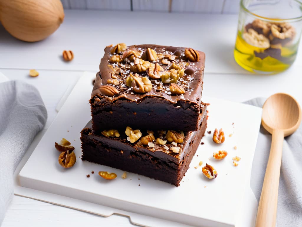  An ultradetailed image of a decadent chocolate walnut brownie with a sprinkle of chopped walnuts on top, placed on a sleek, modern white plate against a softfocus background of a kitchen setting with a stack of walnuts and a vintage wooden spoon nearby. The brownie is perfectly sliced to reveal its rich, fudgy texture, and the walnuts are artistically arranged to highlight their freshness and crunchiness. This highresolution image captures the essence of healthy walnut desserts in a visually appealing and appetizing manner, ideal for the article's professional and inspirational tone. hyperrealistic, full body, detailed clothing, highly detailed, cinematic lighting, stunningly beautiful, intricate, sharp focus, f/1. 8, 85mm, (centered image composition), (professionally color graded), ((bright soft diffused light)), volumetric fog, trending on instagram, trending on tumblr, HDR 4K, 8K