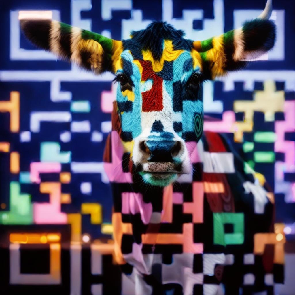  A vibrant and colorful cartoon cow stands proudly against a backdrop of intricate streetart mosaic artwork in the heart of a bustling city by night. The cow&#039;s large, expressive eyes gaze out at the viewer with a friendly smile, while the city skyline shimmers in the background. The scene is brought to life with dynamic lighting and detailed textures, capturing the energy and excitement of urban life., best quality, ultrahigh resolution, highly detailed, (sharp focus), masterpiece, (centered image composition), (professionally color graded), ((bright soft diffused light)), trending on instagram, trending on tumblr, HDR 4K
