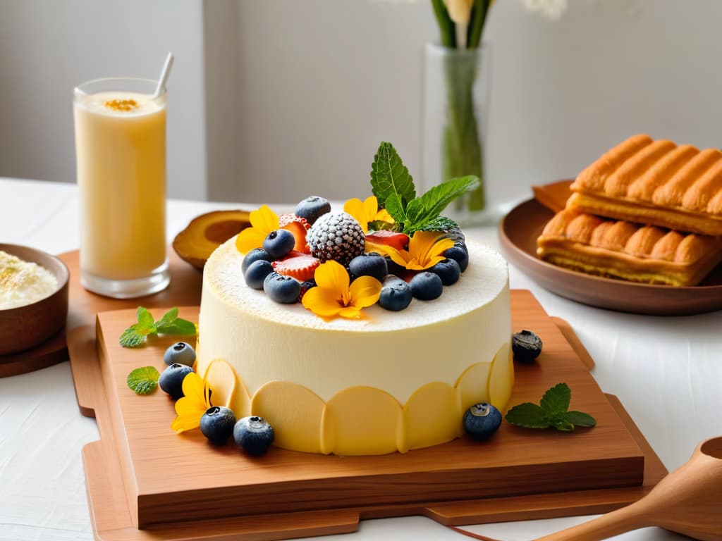  A photorealistic image of a vibrant and colorful display of traditional Latin American desserts, such as tres leches cake, flan, churros, alfajores, and arroz con leche, beautifully presented on elegant serving dishes with intricate garnishes like edible flowers and mint leaves. The desserts are arranged artfully on a rustic wooden table, with soft natural lighting that highlights the textures and details of each sweet treat, creating an inviting and mouthwatering scene that captures the essence of Latin American culinary delights. hyperrealistic, full body, detailed clothing, highly detailed, cinematic lighting, stunningly beautiful, intricate, sharp focus, f/1. 8, 85mm, (centered image composition), (professionally color graded), ((bright soft diffused light)), volumetric fog, trending on instagram, trending on tumblr, HDR 4K, 8K