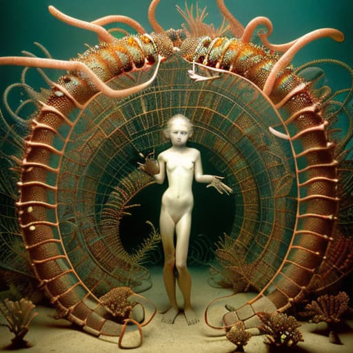  A young woman with no clothes on holding a coloured gecko and surrounded by striped rusty metal robotic fishes from a dstopian labyrinth , stable diffusion, absolute reality v1.6, perfect symmetry, photo realistic raw, in the style of jock sturges and David hamilton victorian era, atmospheric and wabi sabi look