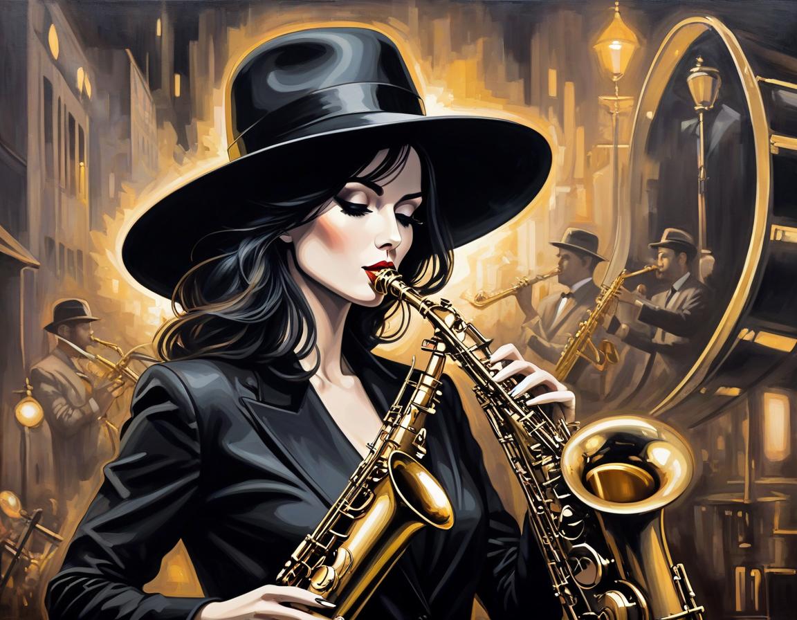  surrealist art An exquisite depiction of woman in a black hat playing the saxophone, with Louis Jover and Drew Darcy inspired style. The artwork is highly detailed, elegant, and intricate, featuring dynamic lighting and imperial colors. It is a stunning piece with a surreal and ultra realistic touch, created using oil on canvas with a focus on sharp details . dreamlike, mysterious, provocative, symbolic, intricate, detailed hyperrealistic, full body, detailed clothing, highly detailed, cinematic lighting, stunningly beautiful, intricate, sharp focus, f/1. 8, 85mm, (centered image composition), (professionally color graded), ((bright soft diffused light)), volumetric fog, trending on instagram, trending on tumblr, HDR 4K, 8K