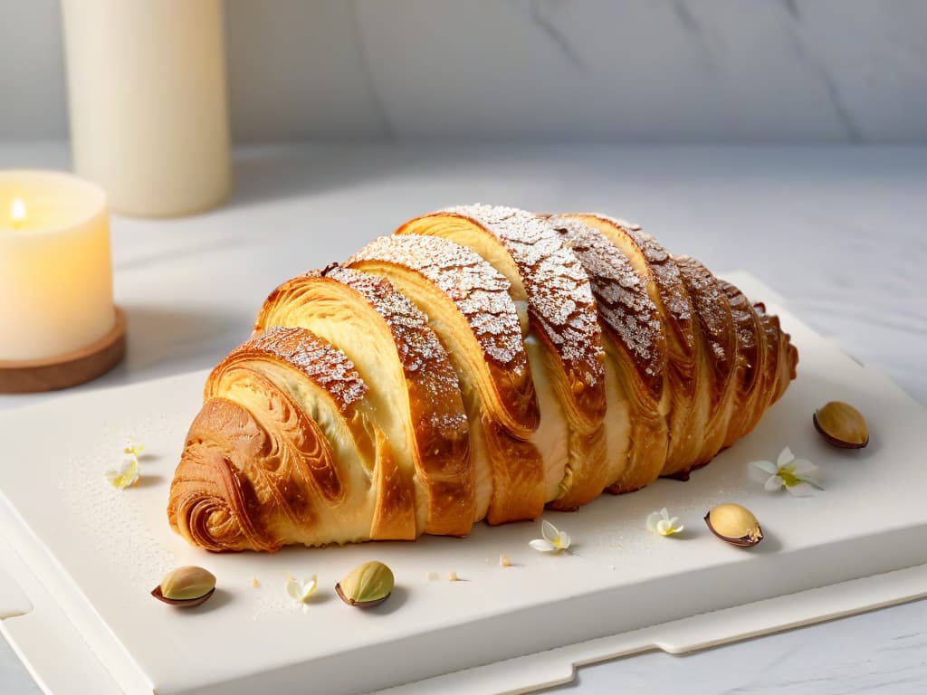  A closeup, ultradetailed image of a perfectly baked almond croissant, with a golden flaky crust that glistens in the light, revealing delicate layers of pastry filled with a rich almond cream. The croissant is placed on a pristine white marble countertop, with a scattering of whole almonds and almond blossoms nearby, showcasing the beauty and elegance of using almond oil in pastry creations. hyperrealistic, full body, detailed clothing, highly detailed, cinematic lighting, stunningly beautiful, intricate, sharp focus, f/1. 8, 85mm, (centered image composition), (professionally color graded), ((bright soft diffused light)), volumetric fog, trending on instagram, trending on tumblr, HDR 4K, 8K