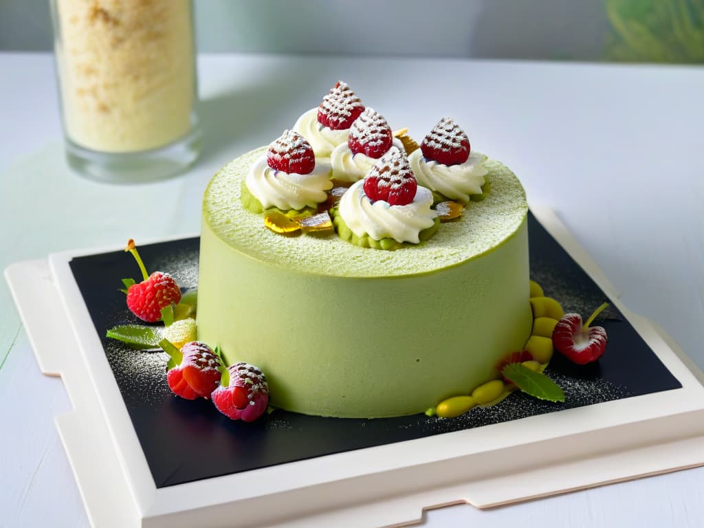  A closeup, photorealistic image of a decadent dessert fusion creation: a delicate matcha green tea tiramisu with layers of fluffy matcha sponge cake, creamy mascarpone cheese infused with hints of yuzu, and topped with a sprinkle of edible gold flakes and fresh raspberries. The dessert is elegantly presented on a sleek black plate, with a dusting of powdered sugar creating a contrast against the vibrant green of the matcha. The lighting highlights the textures of the dessert, showcasing the intricate layers and inviting the viewer to indulge in this innovative and unexpected flavor combination. hyperrealistic, full body, detailed clothing, highly detailed, cinematic lighting, stunningly beautiful, intricate, sharp focus, f/1. 8, 85mm, (centered image composition), (professionally color graded), ((bright soft diffused light)), volumetric fog, trending on instagram, trending on tumblr, HDR 4K, 8K