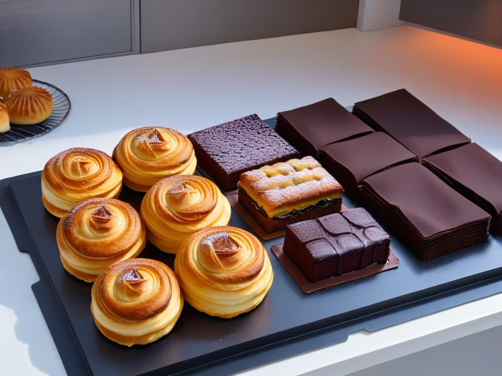  An ultradetailed image of a sleek, modern kitchen countertop adorned with an array of colorful, perfectly baked pastries and desserts, all placed on top of various highquality silicone baking mats. The mats are pristine and show not a single crease or imperfection, highlighting their durability and nonstick properties. The pastries range from flaky croissants to decadent chocolate cakes, exuding a professional and enticing allure that speaks to the quality and versatility of silicone baking mats for all baking needs. hyperrealistic, full body, detailed clothing, highly detailed, cinematic lighting, stunningly beautiful, intricate, sharp focus, f/1. 8, 85mm, (centered image composition), (professionally color graded), ((bright soft diffused light)), volumetric fog, trending on instagram, trending on tumblr, HDR 4K, 8K