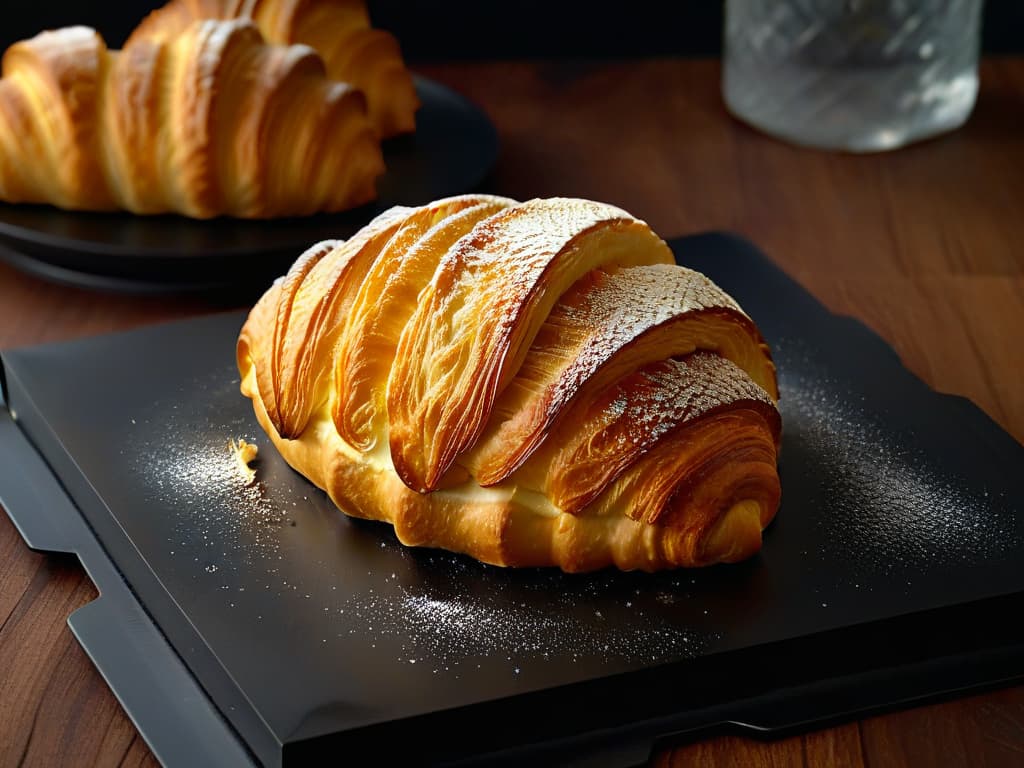  A closeup, ultradetailed image of a perfectly golden croissant with visible flaky layers, glistening with a thin layer of butter. The croissant is placed on a sleek, minimalist matte black plate, emphasizing the rich color and texture of the pastry. The lighting is soft, casting gentle shadows to create depth and highlight the buttery sheen of the croissant. hyperrealistic, full body, detailed clothing, highly detailed, cinematic lighting, stunningly beautiful, intricate, sharp focus, f/1. 8, 85mm, (centered image composition), (professionally color graded), ((bright soft diffused light)), volumetric fog, trending on instagram, trending on tumblr, HDR 4K, 8K