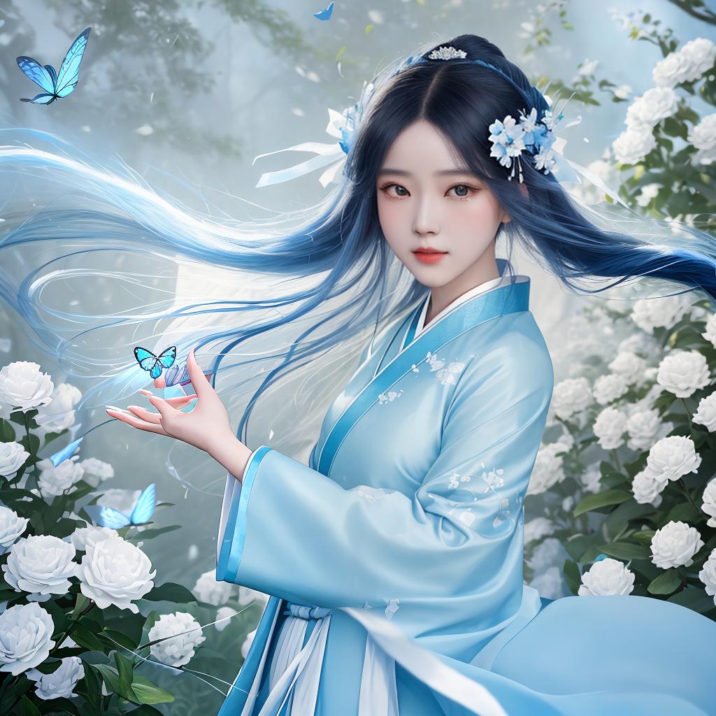  masterpiece, best quality, (Fidelity: 1.4), Best Quality, Masterpiece, Ultra High Resolution, Poster, Fantasy Art, Very Detailed Faces, 8k resolution, Chinese Style, An woman, Side Face, Quiet, Light Blue Hanfu, Tulle Coat, Long Black Hair, Light Blue Fringed Hair Ornament, Hairpin, White Ribbon, White Flower Bush, Light Blue Butterfly Flying, cinematic lighting effects