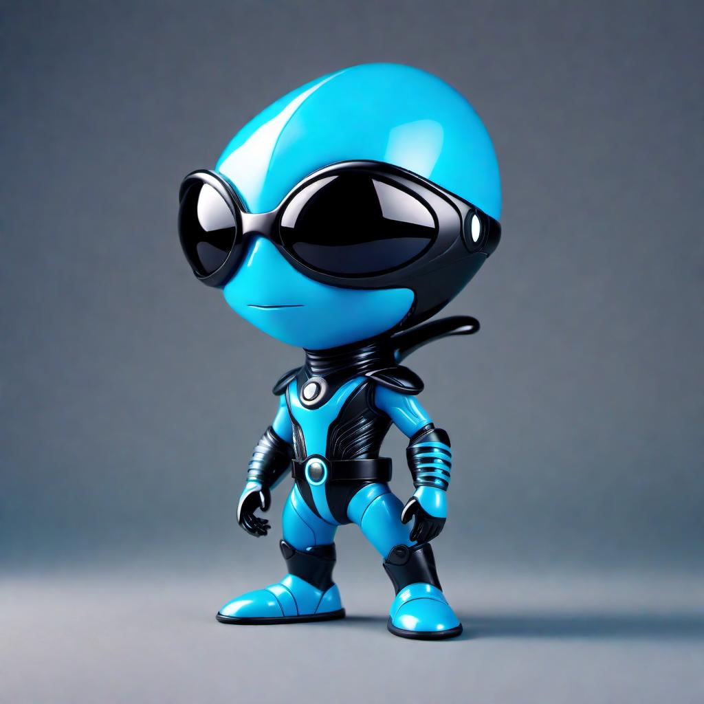  A very short, stylish alien in a cartoon style. The alien has a sleek luminous suit that shifts colors, with built-in gadgets on the cuffs and belt. Its skin is cerulean blue and it has large, black almond-shaped eyes. It's wearing round sunglasses and a custom-made futuristic hat with a glowing band. The alien has a swagger in its posture and oozes charisma. The background should be colorful and abstract to enhance the cartoonish and stylish aesthetics. hyperrealistic, full body, detailed clothing, highly detailed, cinematic lighting, stunningly beautiful, intricate, sharp focus, f/1. 8, 85mm, (centered image composition), (professionally color graded), ((bright soft diffused light)), volumetric fog, trending on instagram, trending on tumblr, HDR 4K, 8K