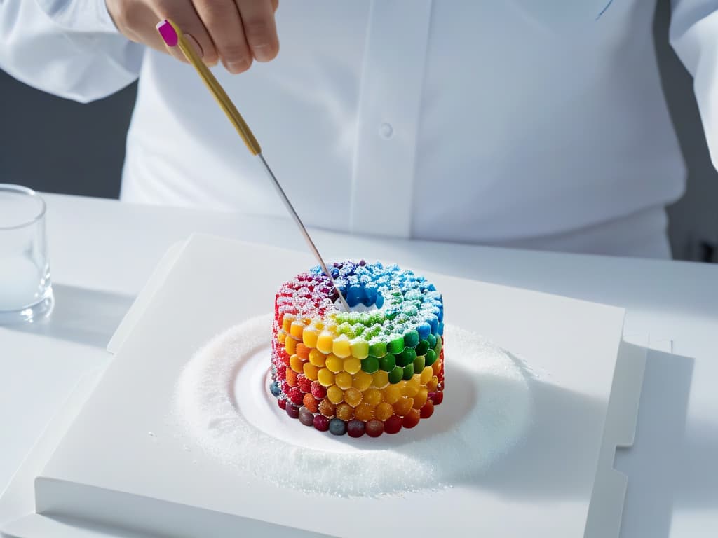  A closeup, ultradetailed image of a delicate sugar molecule structure being formed by tweezers in a pristine laboratory setting. The sugar molecule is transparent, with rainbow hues reflecting off its facets, showcasing the intricate beauty and precision involved in molecular gastronomy. The background is a sleek, modern laboratory workstation with minimalist design, emphasizing the fusion of science and culinary art in molecular pastry creation. hyperrealistic, full body, detailed clothing, highly detailed, cinematic lighting, stunningly beautiful, intricate, sharp focus, f/1. 8, 85mm, (centered image composition), (professionally color graded), ((bright soft diffused light)), volumetric fog, trending on instagram, trending on tumblr, HDR 4K, 8K