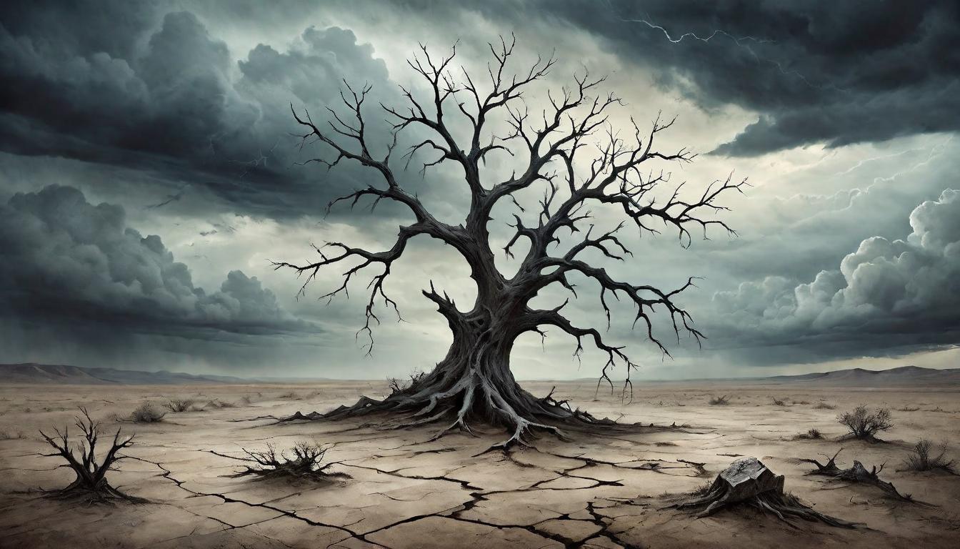  on parchment, surrealism+++, Desolate wasteland with cracked earth, a lone dead tree under stormy skies, atmosphere of despair and isolation(mysterious, provocative, symbolic,muted color)+++