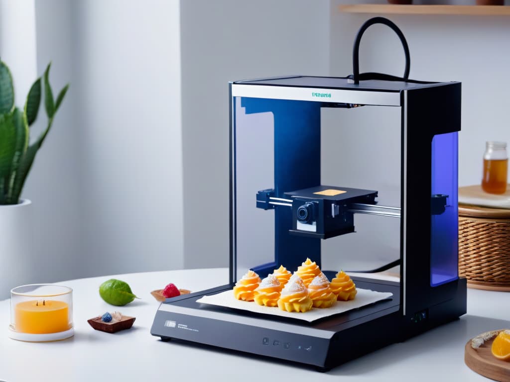  A highresolution, minimalist image showcasing a 3D printer creating intricate and detailed dessert designs in a sleek, professional kitchen setup. The focus is on the precision and innovation of 3D printing technology in crafting safe and allergenfree desserts, with a color palette of soft pastels to convey a sense of creativity and sophistication in catering to those with allergies. hyperrealistic, full body, detailed clothing, highly detailed, cinematic lighting, stunningly beautiful, intricate, sharp focus, f/1. 8, 85mm, (centered image composition), (professionally color graded), ((bright soft diffused light)), volumetric fog, trending on instagram, trending on tumblr, HDR 4K, 8K