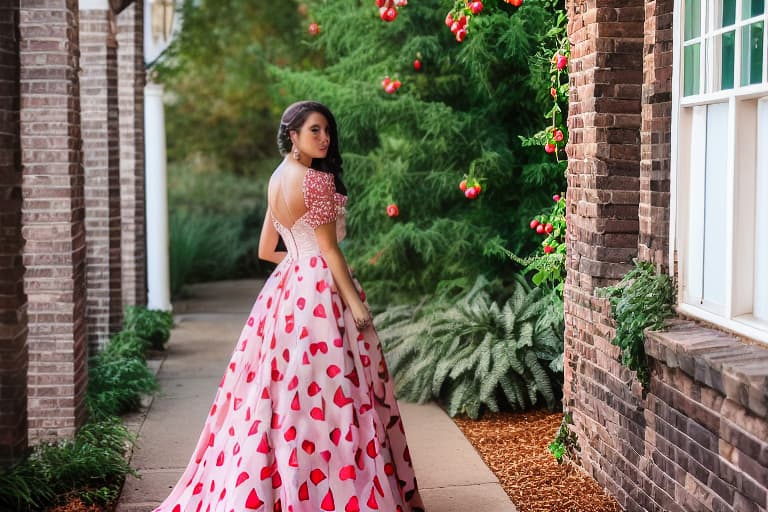  a professional product photo of ball gown dress with strawberry print on a hanger. heart-shaped neckline with pink corset. high quality clothes. studio lighting