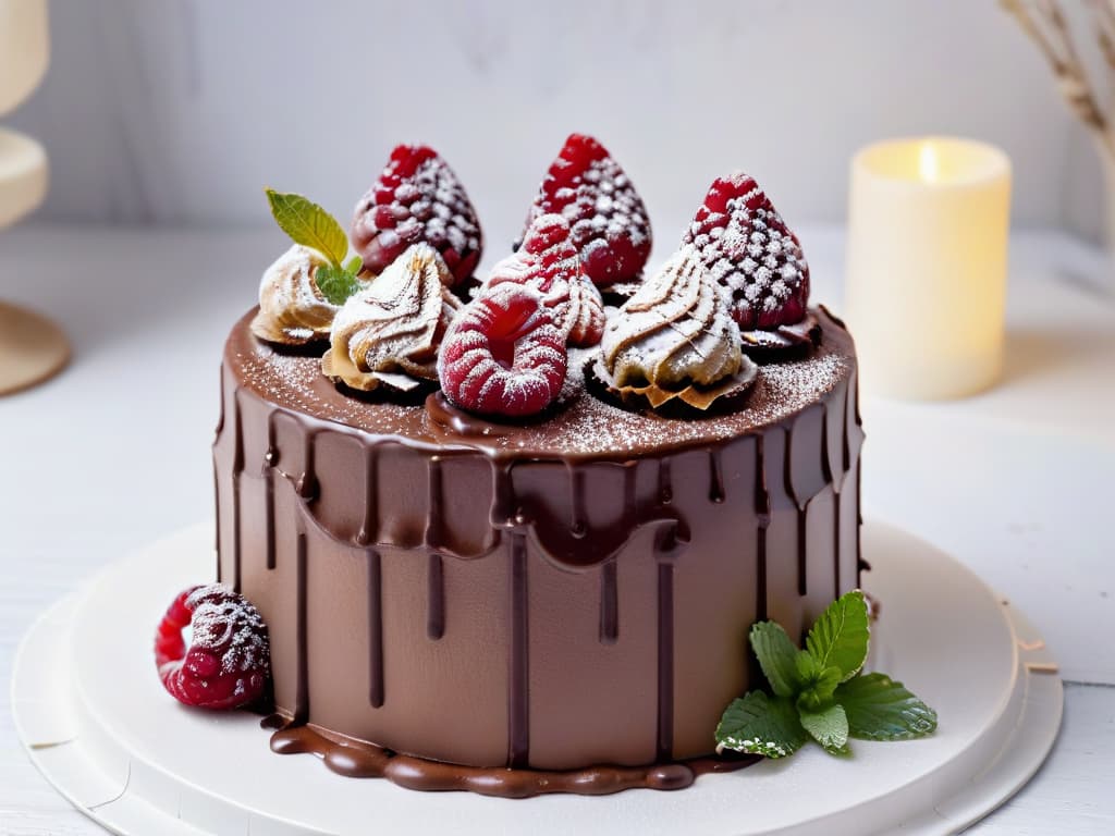  A beautifully crafted 8k ultradetailed image of a multilayered vegan chocolate cake with rich, glossy ganache dripping elegantly down the sides. The cake is topped with fresh raspberries and mint leaves, set on a sleek, modern white marble cake stand against a soft, blurred background highlighting the intricate details of the dessert. hyperrealistic, full body, detailed clothing, highly detailed, cinematic lighting, stunningly beautiful, intricate, sharp focus, f/1. 8, 85mm, (centered image composition), (professionally color graded), ((bright soft diffused light)), volumetric fog, trending on instagram, trending on tumblr, HDR 4K, 8K