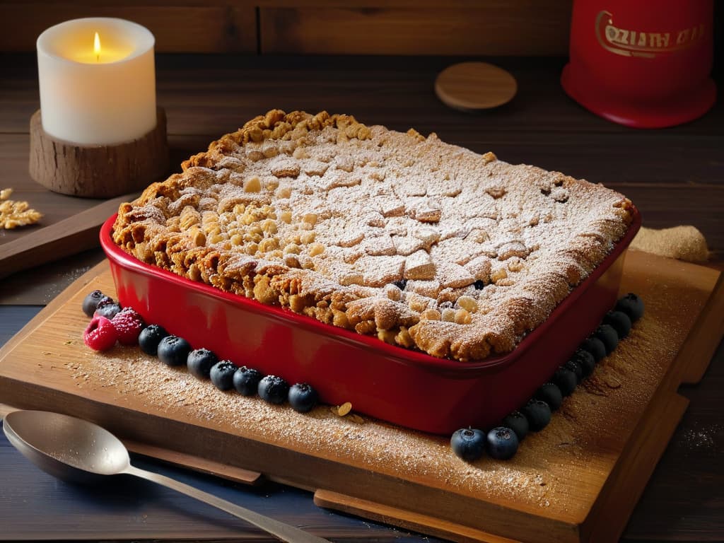  An ultradetailed image of a rustic wooden table adorned with a freshly baked crumble of apple and red berries. The crumble is golden brown, with a perfectly crispy oat topping glistening in the soft ambient light. Surrounding the crumble are scattered vibrant red raspberries and blueberries, their natural juiciness captured in exquisite detail. A delicate dusting of powdered sugar gently blankets the dessert, adding a touch of elegance to the rustic setting. The rich colors of the fruits pop against the warm wooden backdrop, creating a visually striking and appetizing scene. hyperrealistic, full body, detailed clothing, highly detailed, cinematic lighting, stunningly beautiful, intricate, sharp focus, f/1. 8, 85mm, (centered image composition), (professionally color graded), ((bright soft diffused light)), volumetric fog, trending on instagram, trending on tumblr, HDR 4K, 8K