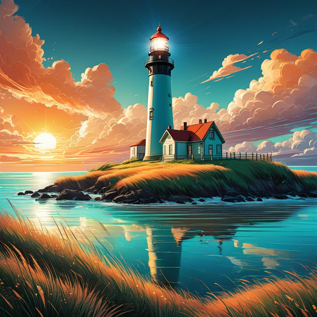  Grasslands with lighthouse, clouds, vivid, highly detailed, anime style, hand-drawn, combined with digital art, sunrise, whimsical, (enchanting atmosphere:1.1), warm lighting , depth of field, Wacom Cintiq, Adobe Photoshop, 300 DPI, (hdr:1.2), (teal and orange:0.5)