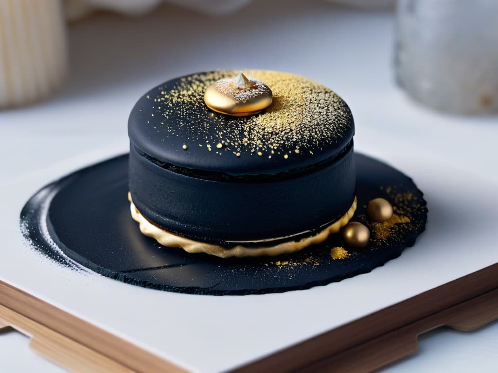  A closeup, ultradetailed image of a perfectly crafted glutenfree macaron with a smooth, glossy surface showcasing delicate ridges and a dusting of edible gold powder, placed on a sleek, matte black plate. The lighting is soft, highlighting the intricate details of the macaron shell and the subtle shimmer of the gold dust, creating a visually captivating and elegant aesthetic. hyperrealistic, full body, detailed clothing, highly detailed, cinematic lighting, stunningly beautiful, intricate, sharp focus, f/1. 8, 85mm, (centered image composition), (professionally color graded), ((bright soft diffused light)), volumetric fog, trending on instagram, trending on tumblr, HDR 4K, 8K