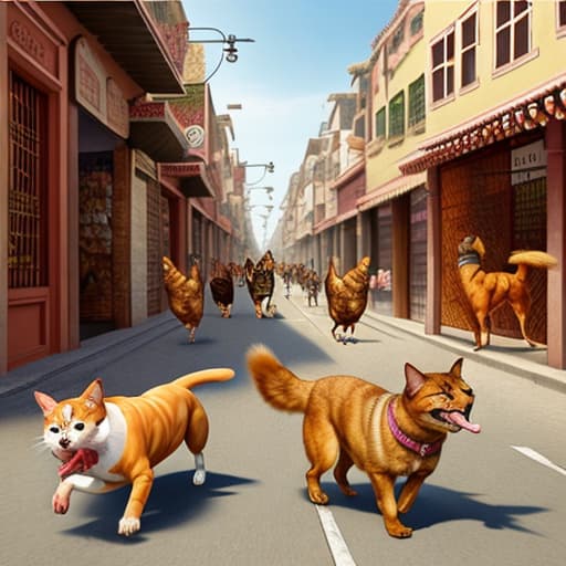  A dog and a cat running with a roast chicken in their mouths along a boulevard of merchants, curious details in the image,realistic visión