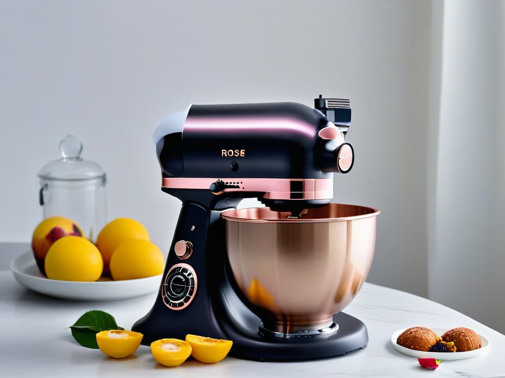  An intricately designed, sleek and modern kitchen stand mixer in a luxurious matte black finish, accented with rose gold details. The mixer is shown against a backdrop of a pristine marble countertop, with soft, indirect lighting highlighting its elegant contours and highend craftsmanship. The image exudes a sense of sophistication and innovation in premium baking equipment, perfectly complementing the theme of the article on the latest trends in highend pastry equipment. hyperrealistic, full body, detailed clothing, highly detailed, cinematic lighting, stunningly beautiful, intricate, sharp focus, f/1. 8, 85mm, (centered image composition), (professionally color graded), ((bright soft diffused light)), volumetric fog, trending on instagram, trending on tumblr, HDR 4K, 8K