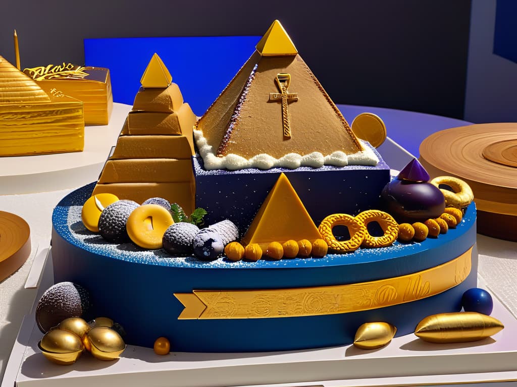  An 8k ultradetailed image of a modern dessert display showcasing an array of intricate Egyptianinspired pastries and sweets. The minimalistic design highlights the elaborate details of each dessert, featuring traditional Egyptian symbols like hieroglyphics and pyramids subtly incorporated into the decorations. The color palette is rich and vibrant, with golds, blues, and deep purples creating a luxurious and visually striking presentation. Each dessert is meticulously crafted, reflecting the historical influence of Egyptian pastry artistry in a contemporary setting. hyperrealistic, full body, detailed clothing, highly detailed, cinematic lighting, stunningly beautiful, intricate, sharp focus, f/1. 8, 85mm, (centered image composition), (professionally color graded), ((bright soft diffused light)), volumetric fog, trending on instagram, trending on tumblr, HDR 4K, 8K