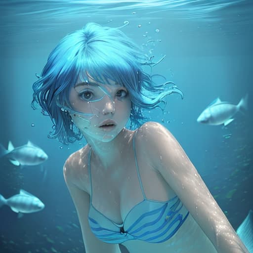  A girl under water with short blue hair no reaciton