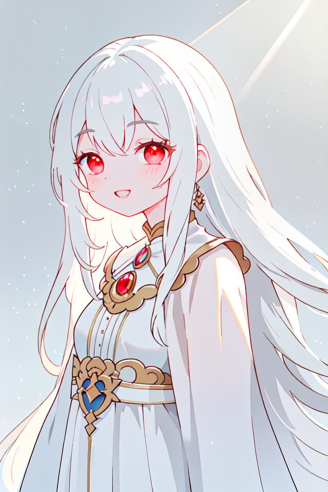  ultra detailed:1.2masterpiece:1.2,best quality,masterpiece,bestquality,hdr:1.1,8k:1.1,very cute girl:1.3,white hair:1.3,very long hair,volume hair:0.7,flare hair,curly hair:1.4,red eyes,bad mood:1.3,sleepy eyes:1.2,dot open mouth:1.3,upper body:1.3,dutch angle,half closed eyes:1.8,upper body:1.1,from side,from above ,grin:0.6,looking viewer hyperrealistic, full body, detailed clothing, highly detailed, cinematic lighting, stunningly beautiful, intricate, sharp focus, f/1. 8, 85mm, (centered image composition), (professionally color graded), ((bright soft diffused light)), volumetric fog, trending on instagram, trending on tumblr, HDR 4K, 8K