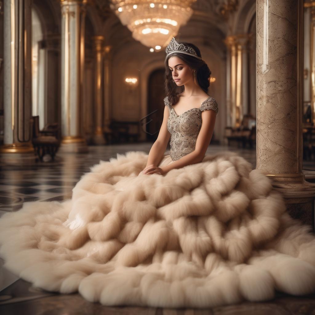  A beautiful young girl with dark hair in a fluffy dress in a beige color with shiny pileus, wearing a diadem of precious gems on her head, is in a beautiful palace, a clear and well-done photo.