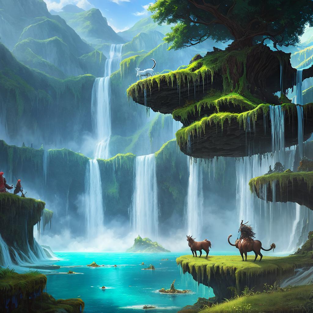  in a fantasy setting, Paint a surreal landscape where mythical beasts roam amidst cascading waterfalls.