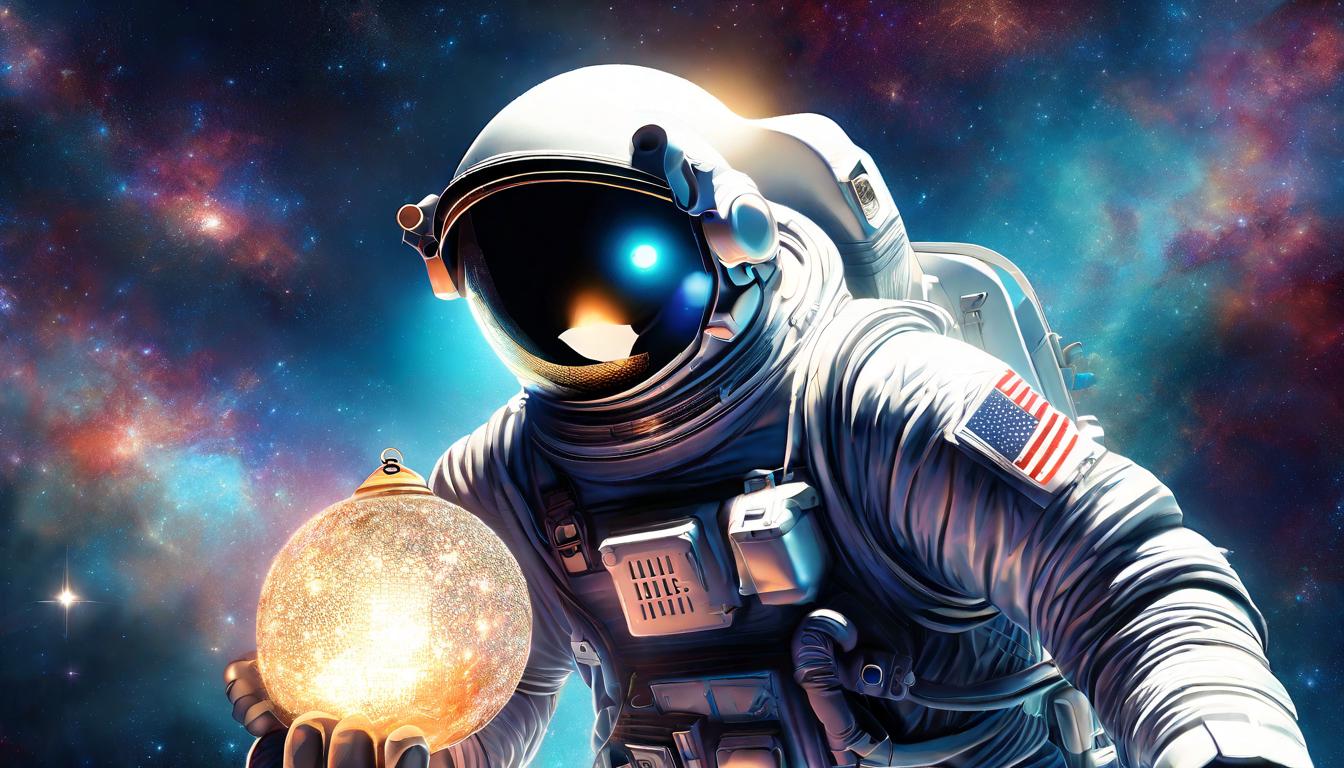  digital illustration Astronaut in cosmos, holding a lantern that casts light on dark space; stars and nebulae in background; metaphor for hope and understanding in the vast unknown; polished, digital space art looking at viewer, dynamic pose, (intricate details, masterpiece, best quality)