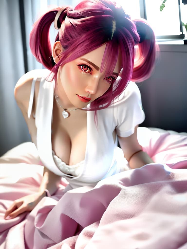  Female, pink hair, ponytail on each side of the head, ends at the neck, upper body lying on a white bed, no clothes, and,, standing on the bed, white stockings to the calf, pink eyes, a tall nose, a delicate face, a straight chest with, a in the middle of the, She her female genitals <lora:u58hvdfu4q:1> hyperrealistic, full body, detailed clothing, highly detailed, cinematic lighting, stunningly beautiful, intricate, sharp focus, f/1. 8, 85mm, (centered image composition), (professionally color graded), ((bright soft diffused light)), volumetric fog, trending on instagram, trending on tumblr, HDR 4K, 8K