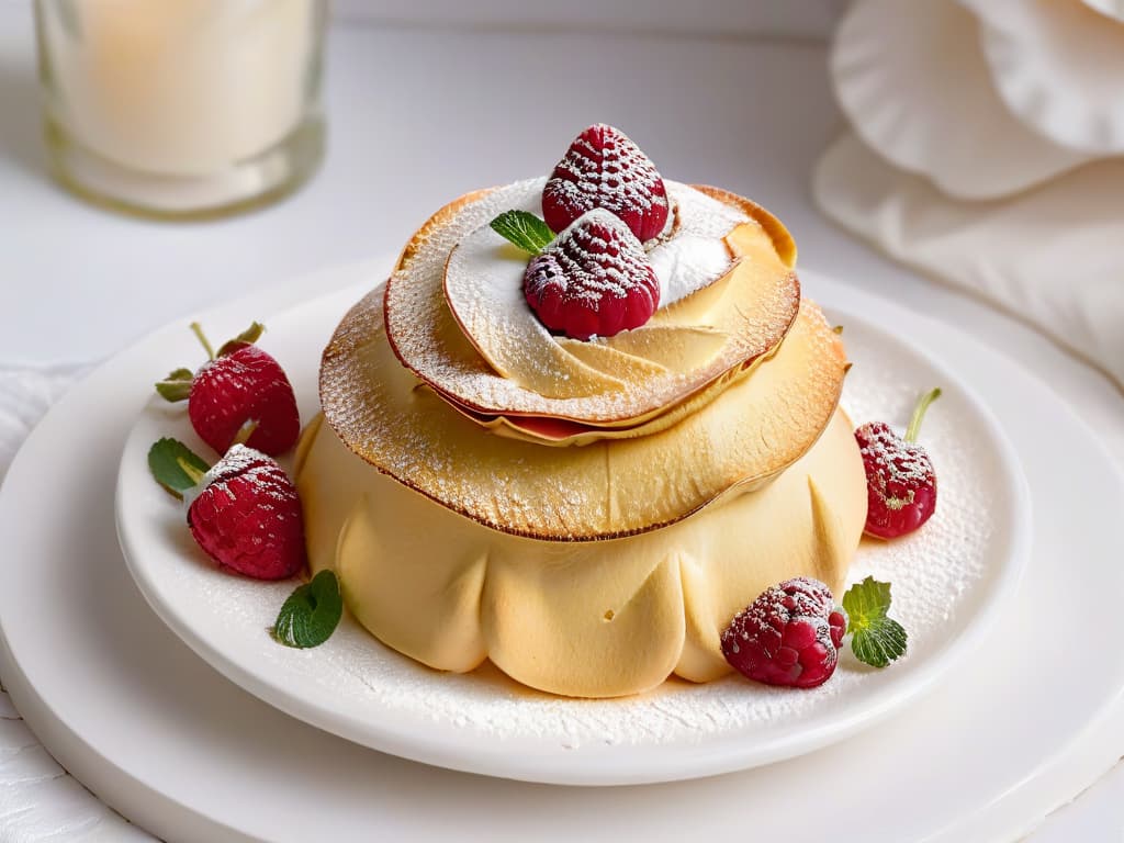  A closeup, ultradetailed image of a perfectly baked, light and crispy meringue shell, showcasing a goldenbrown color with delicate cracks on the surface, set on a pristine white plate with a dusting of powdered sugar, surrounded by fresh raspberries and mint leaves for a vibrant pop of color. The texture of the meringue should be visible, highlighting its airy and delicate nature, inviting the viewer to indulge in its sweet and crunchy goodness. hyperrealistic, full body, detailed clothing, highly detailed, cinematic lighting, stunningly beautiful, intricate, sharp focus, f/1. 8, 85mm, (centered image composition), (professionally color graded), ((bright soft diffused light)), volumetric fog, trending on instagram, trending on tumblr, HDR 4K, 8K