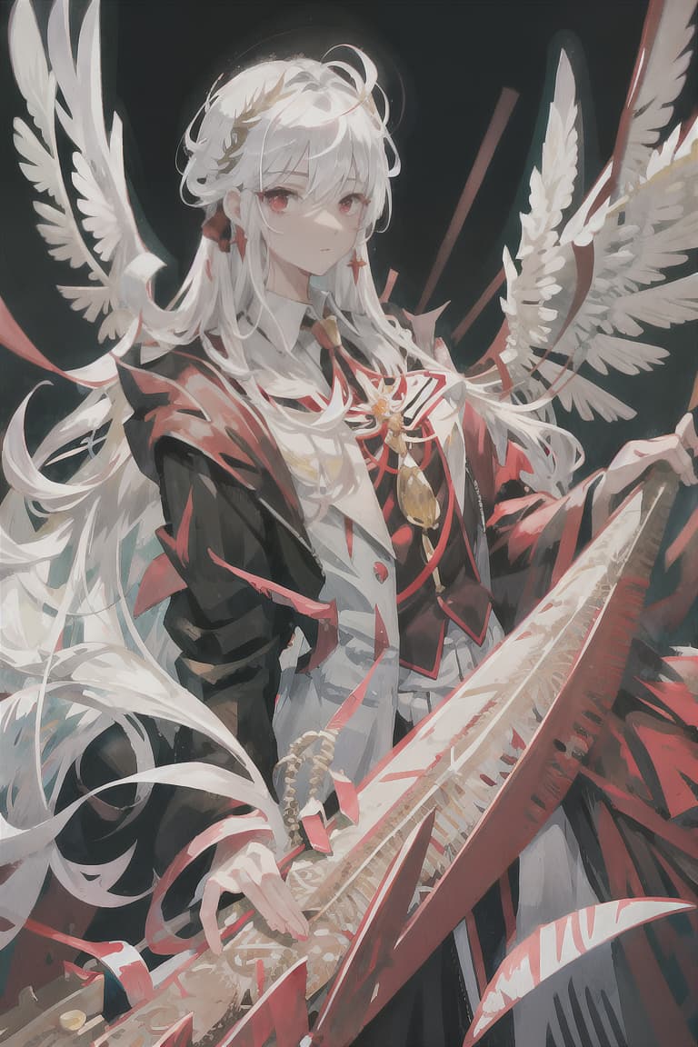  master piece , best quality,Male, white hair, straight long hair, red eyes, groom, silver angel wings, holy messenger